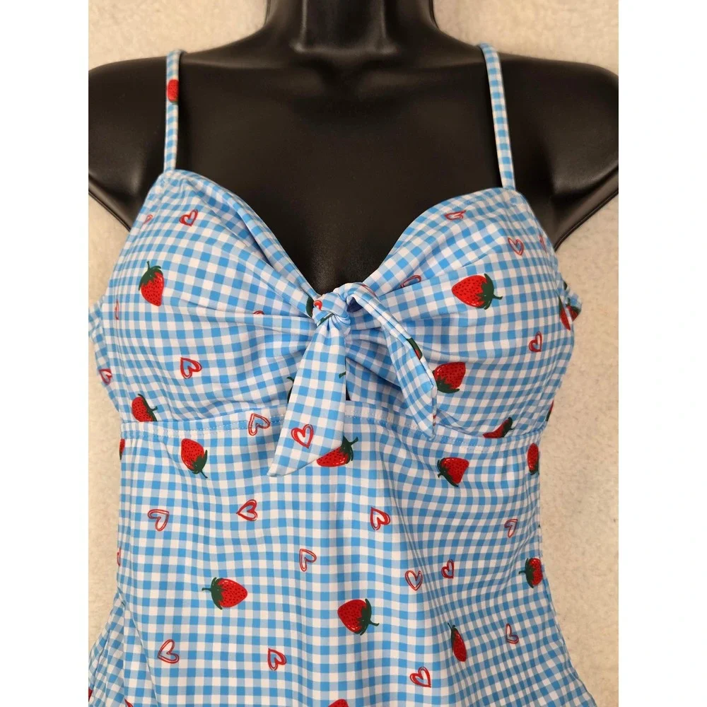 Womens Strawberry Heart Print One Piece Swimsuit L Tie‎ Front Ruffle Beach